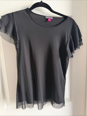 Vince Camuto Black Sheer Flutter Sleeve Tee